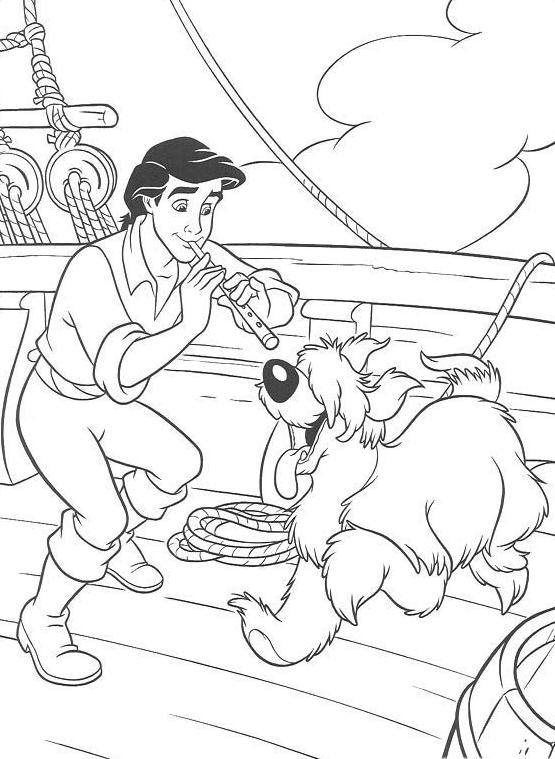 coloriage Le prince joue de la flute avec son chien
